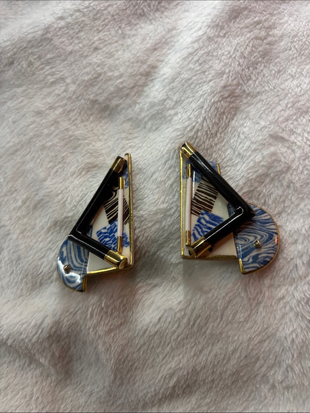 Geometric Gold-Tone Blue Pattern Women's vintage Earrings